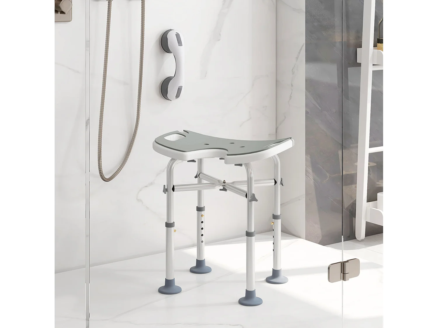 Tabouret de douche - siège de douche avec barre d'appui ventouse - hauteur réglable - alu HDPE gris blanc