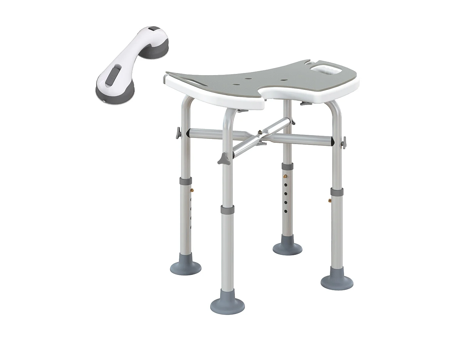 Tabouret de douche - siège de douche avec barre d'appui ventouse - hauteur réglable - alu HDPE gris blanc