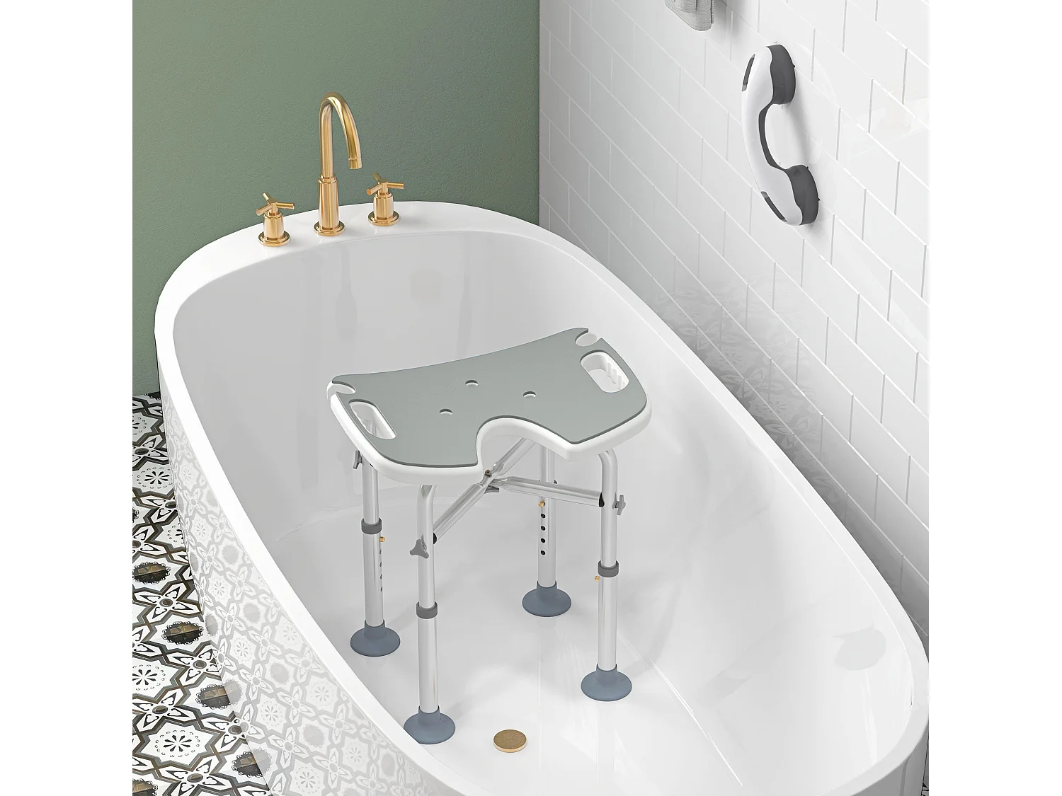 Tabouret de douche - siège de douche avec barre d'appui ventouse - hauteur réglable - alu HDPE gris blanc