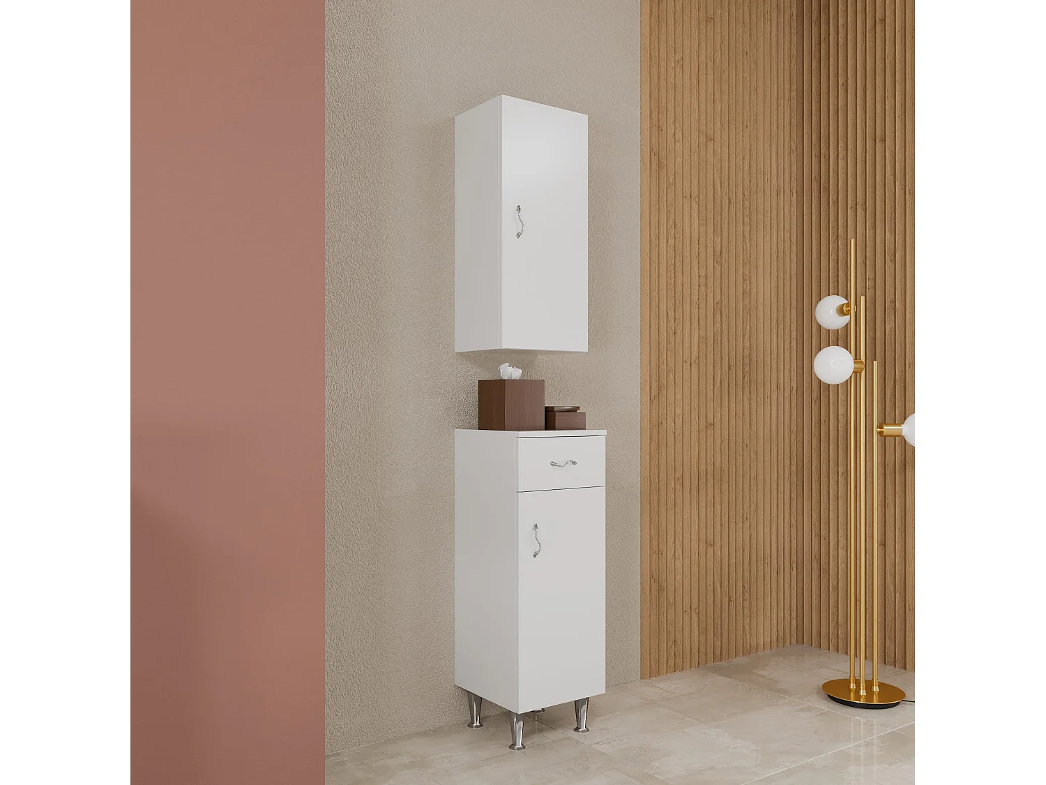 Meuble De Salle De Bains Au Sol Avec Porte Et Tiroir Blanc Poli | Easy