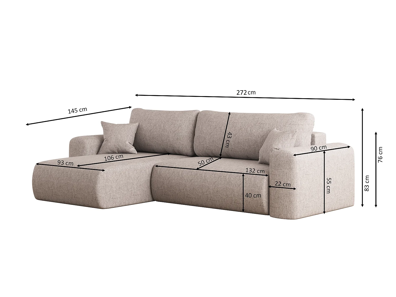 Universele hoekbank met slaapfunctie, voor de woonkamer, Capri L VERITA - donkergrijs