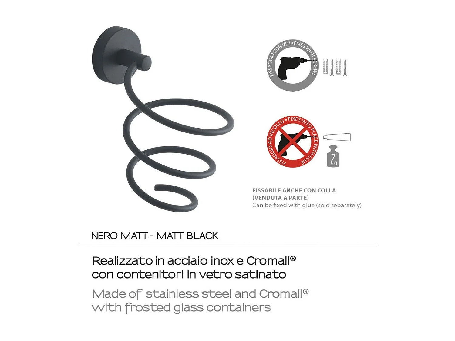 Support Mural Pour Sèche-Cheveux En Acier Inoxydable Noir Mat  | Violetta