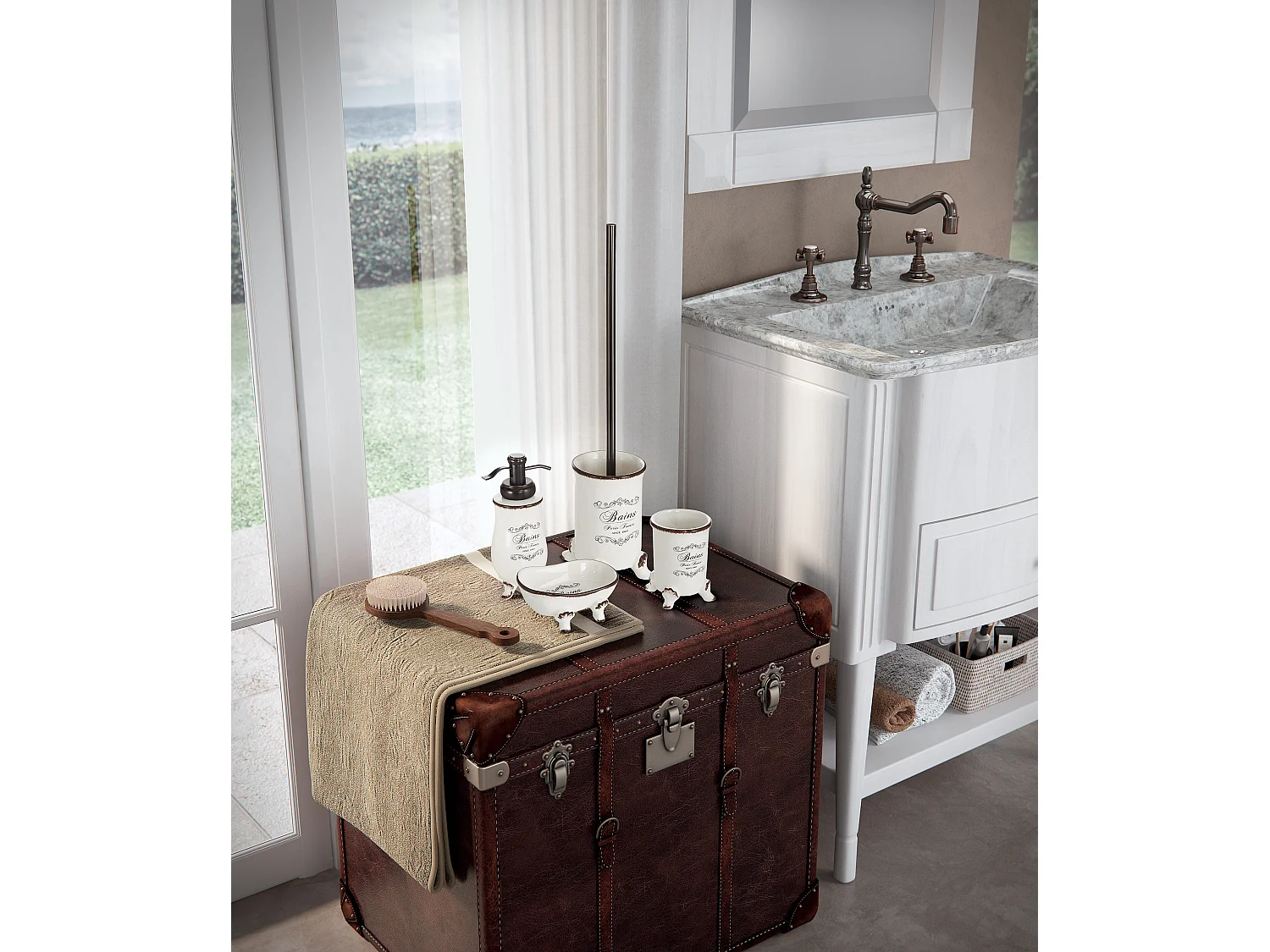 Set 4 Pièces D'accessoires De Salle De Bains Shabby En Céramique Décorée | Amelia