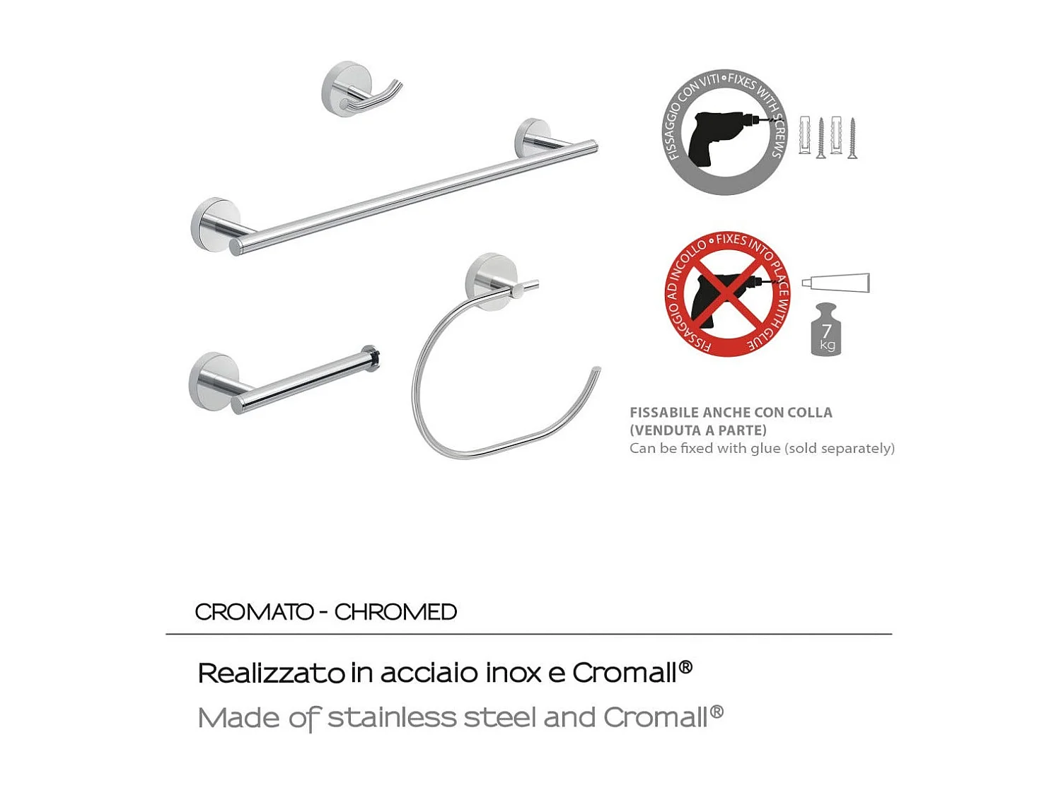 Set 4 Pcs Accessoires Muraux Pour Salle De Bain Acier Inoxydable Chrome  | Violetta