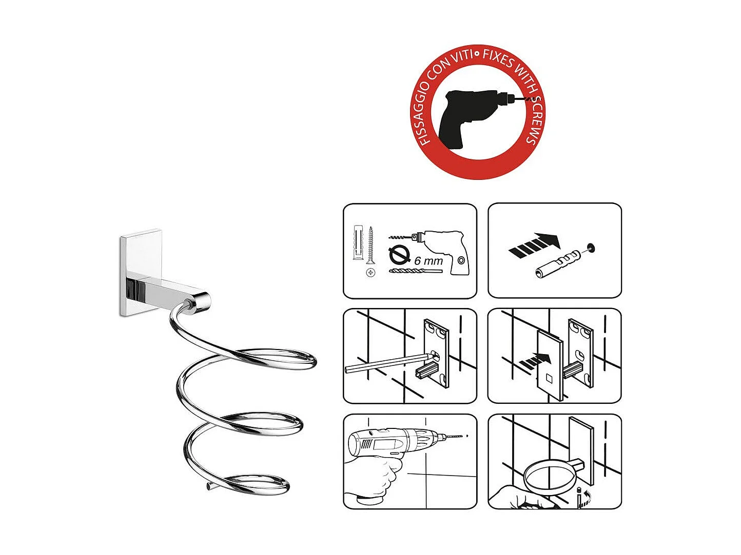 Support Mural Pour Sèche-Cheveux En Acier Inoxydable Chromé