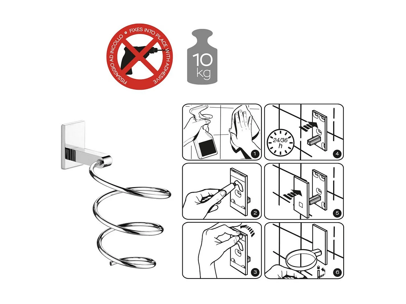 Support Mural Pour Sèche-Cheveux En Acier Inoxydable Chromé