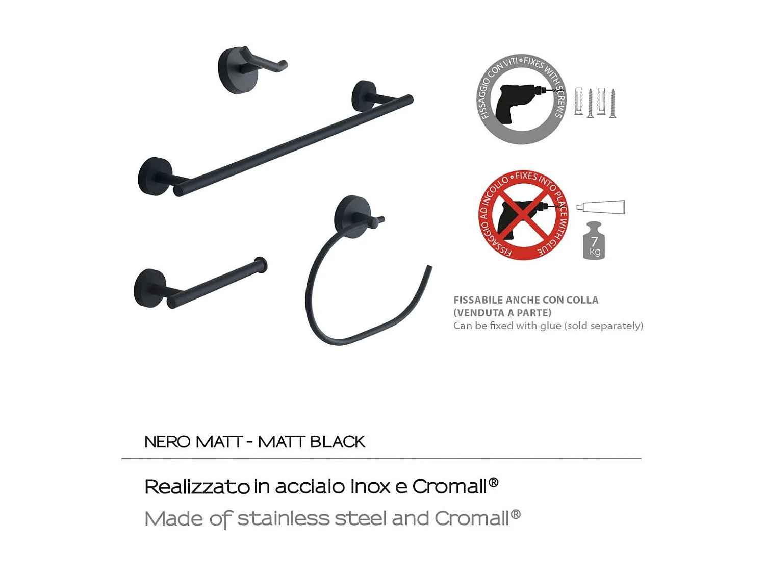 Set 4 Pcs Accessoires Muraux Pour Salle De Bain Noir Mat | Violetta