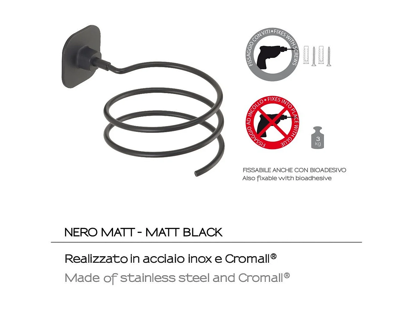 Support Mural Spiralé Pour Sèche-Cheveux Acier Inoxydable Noir Mat | Timo