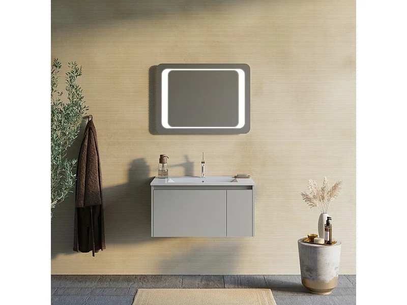 Sable Mat Armoire De Toilette Murale 80Cm Avec Miroir 80X60 Led | Monaco