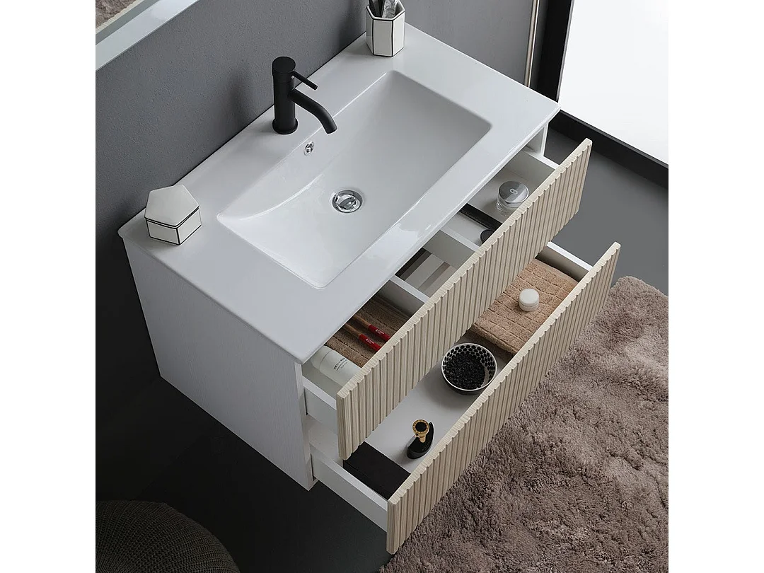 Meuble De Salle De Bains Suspendu Cannelé 100Cm 2 Tiroirs Et Miroir 100X60 | Bilbao