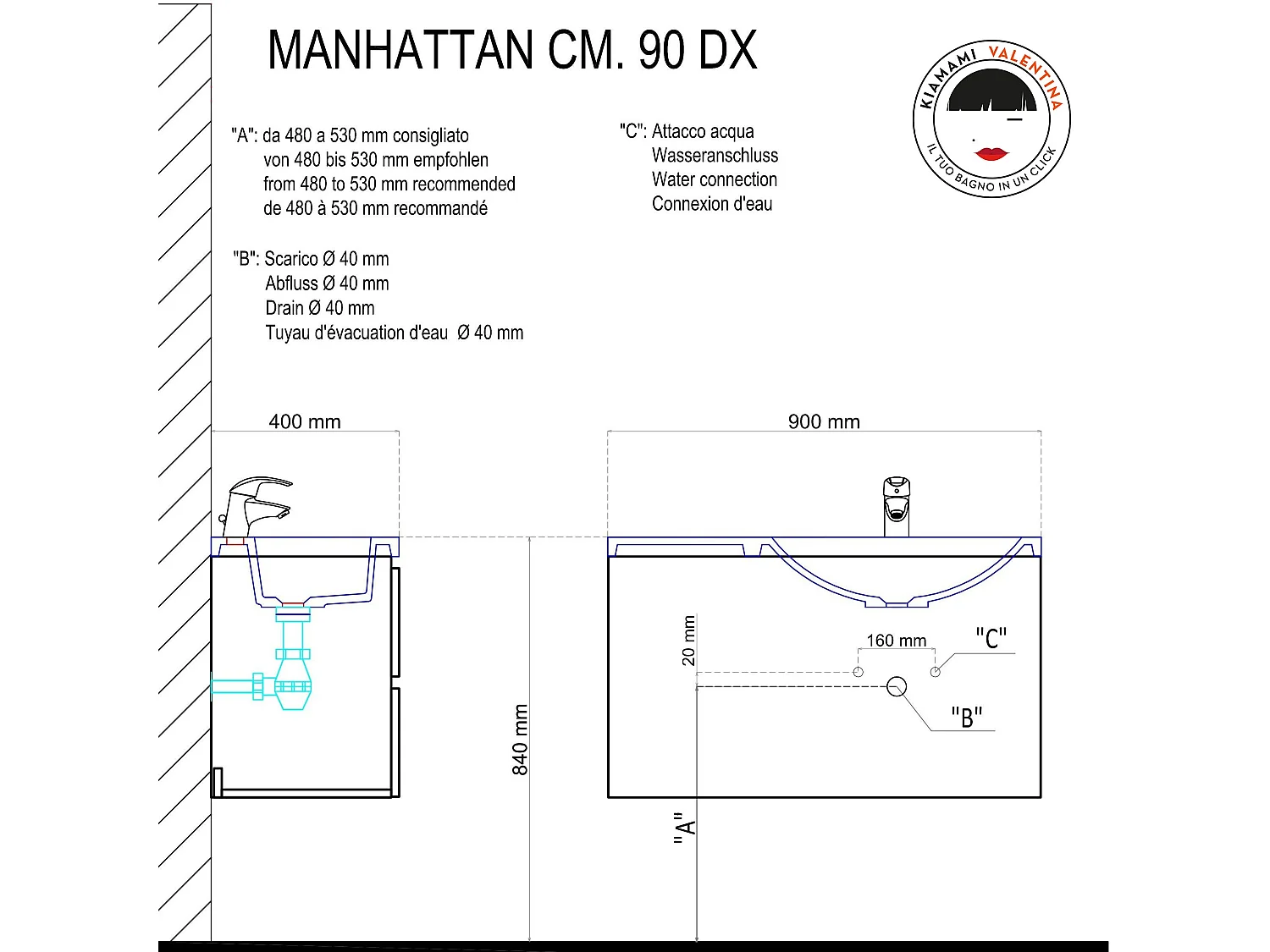 Meuble De Salle De Bains Suspendu 90 Cm Design Moderne Droite | Manhattan