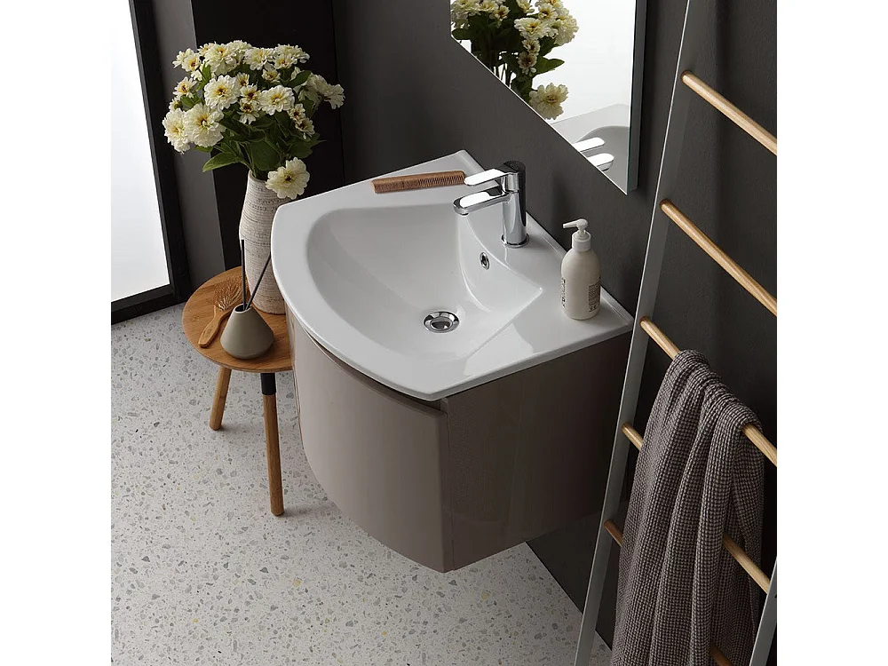 Armoire De Toilette Suspendue Courbe 62 Cm Cappuccino Brillant Miroir Rectangulaire | Riva