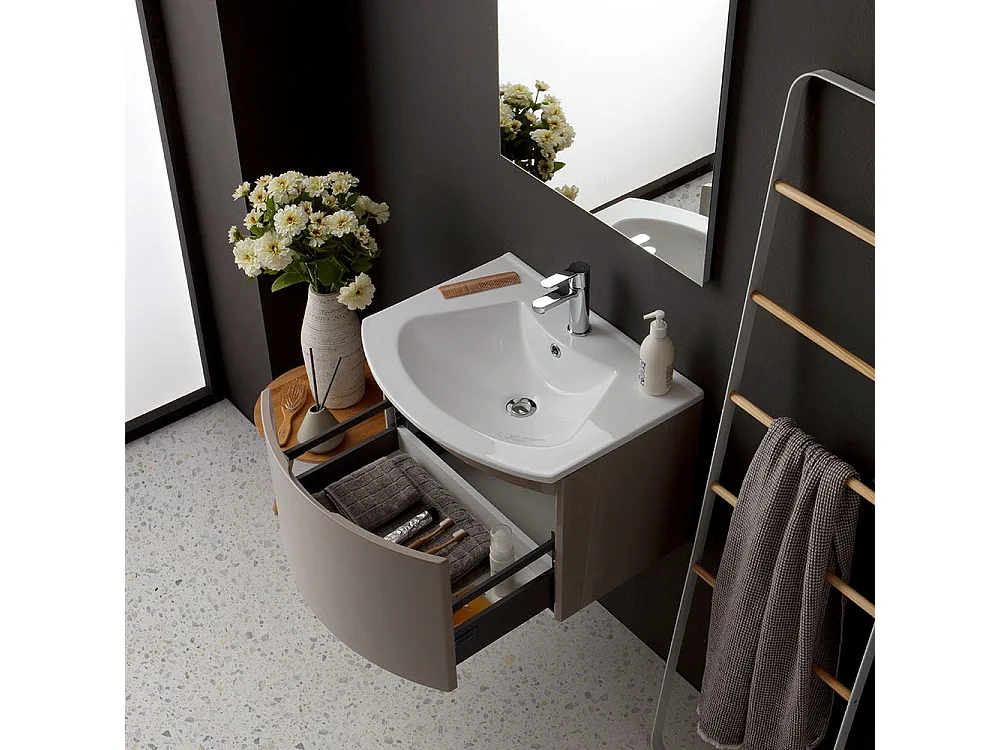 Armoire De Toilette Suspendue Courbe 62 Cm Cappuccino Brillant Miroir Rectangulaire | Riva