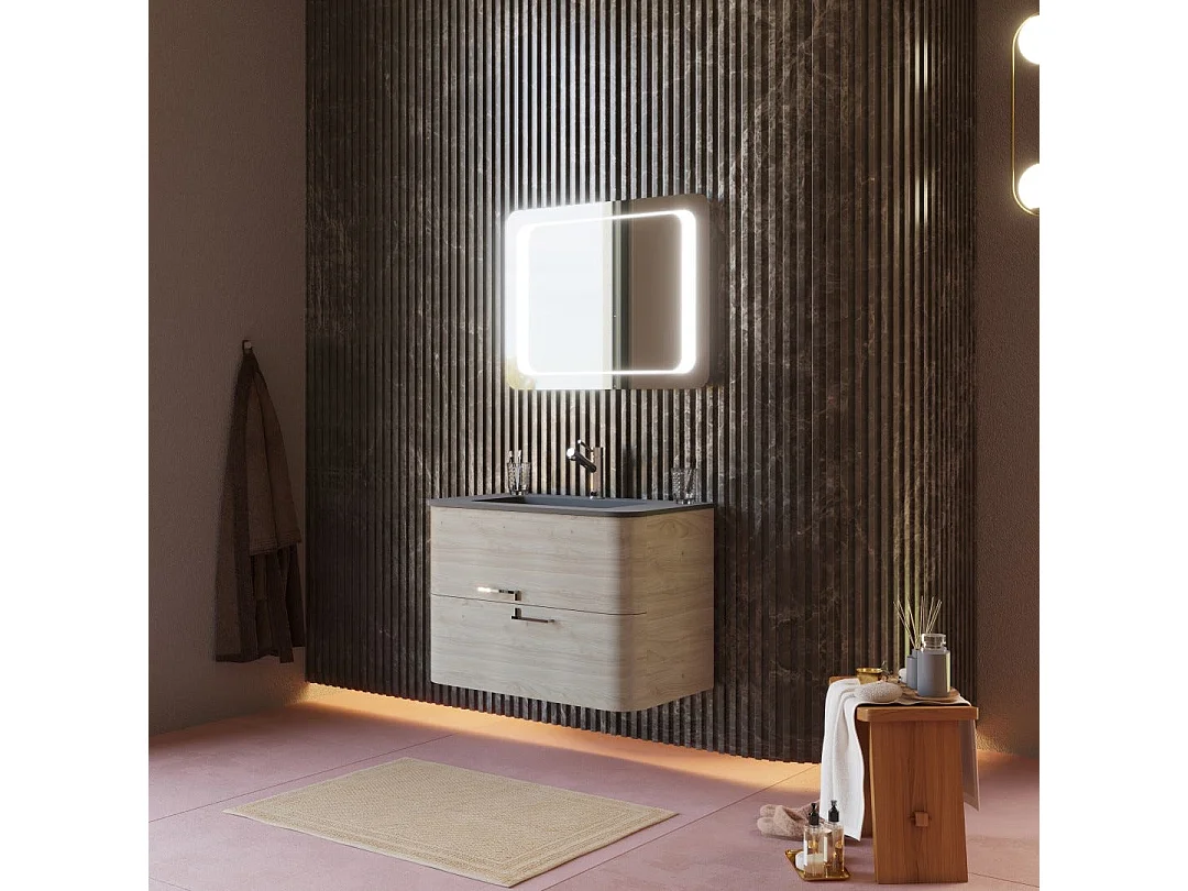 Meuble Salle De Bain Mural 80Cm Chêne Arctique Et Résine Noire Lavabo  | Hollywood