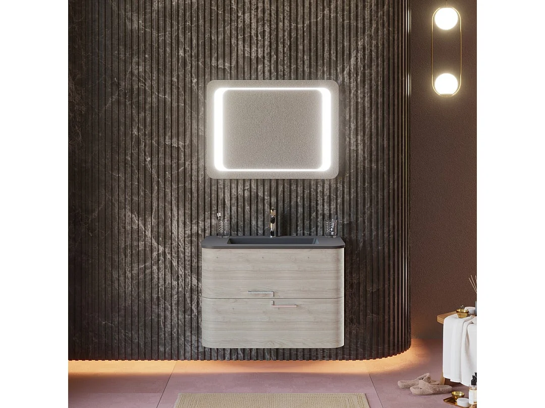Meuble Salle De Bain Mural 80Cm Chêne Arctique Et Résine Noire Lavabo  | Hollywood