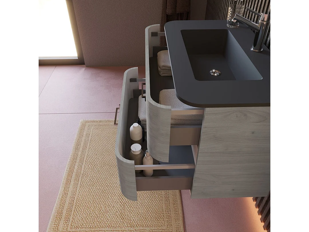 Meuble Salle De Bain Mural 80Cm Chêne Arctique Et Résine Noire Lavabo  | Hollywood