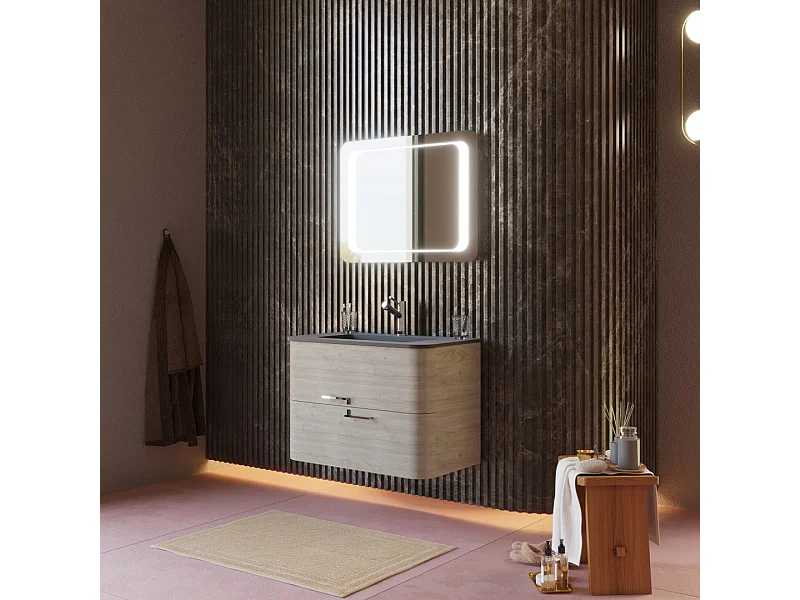 Meuble Salle De Bain Mural 80Cm Chêne Arctique Et Résine Noire Lavabo  | Hollywood