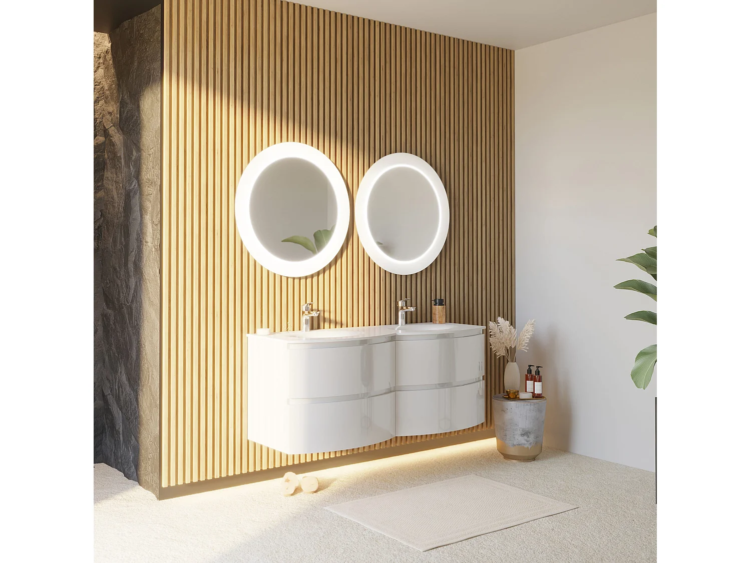 Meuble De Salle De Bain Mural Courbe 140 Cm Blanc Brillant Avec 2 Miroirs À Led | Los Angeles