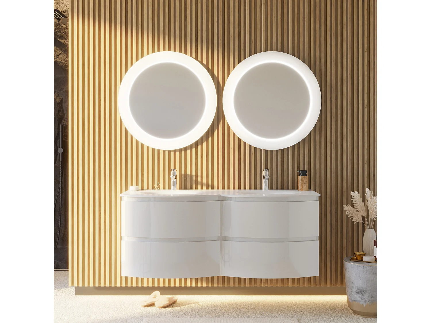 Meuble De Salle De Bain Mural Courbe 140 Cm Blanc Brillant Avec 2 Miroirs À Led | Los Angeles