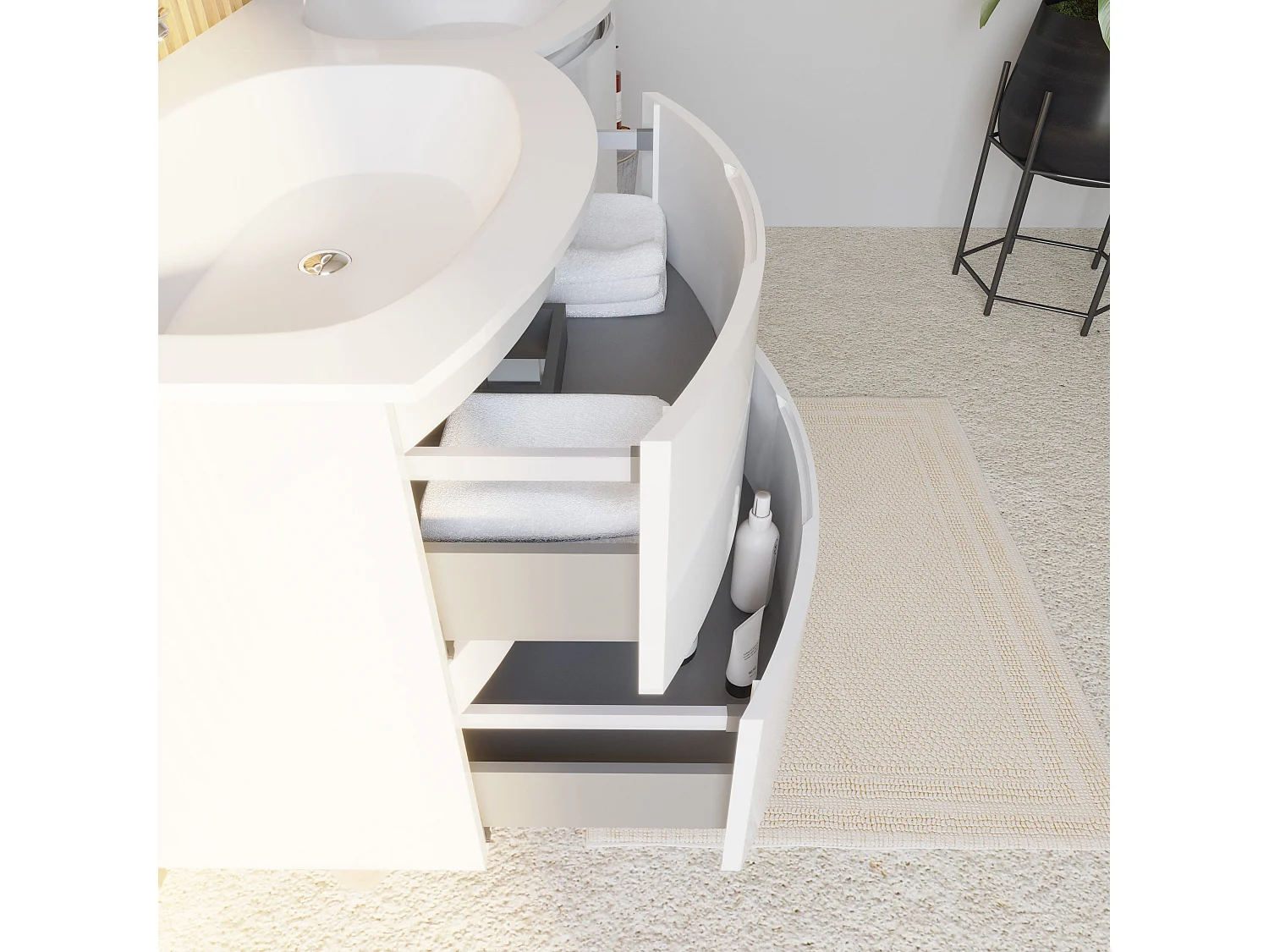 Meuble De Salle De Bain Mural Courbe 140 Cm Blanc Brillant Avec 2 Miroirs À Led | Los Angeles