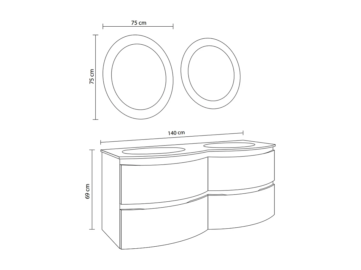 Meuble De Salle De Bain Mural Courbe 140 Cm Blanc Brillant Avec 2 Miroirs À Led | Los Angeles