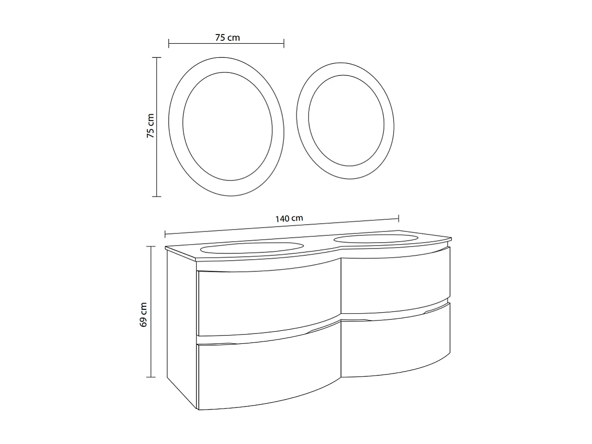 Meuble De Salle De Bain Mural Courbe 140 Cm Blanc Brillant Avec 2 Miroirs À Led | Los Angeles