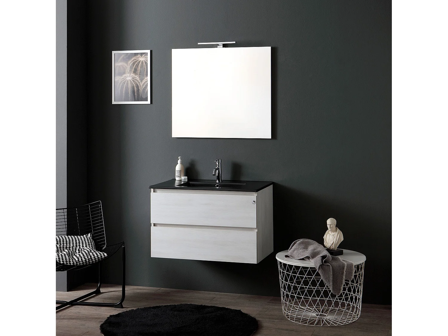 Meuble De Salle De Bain Suspendu 80Cm Blanc Avec Lavabo Noir Mat | Berlin