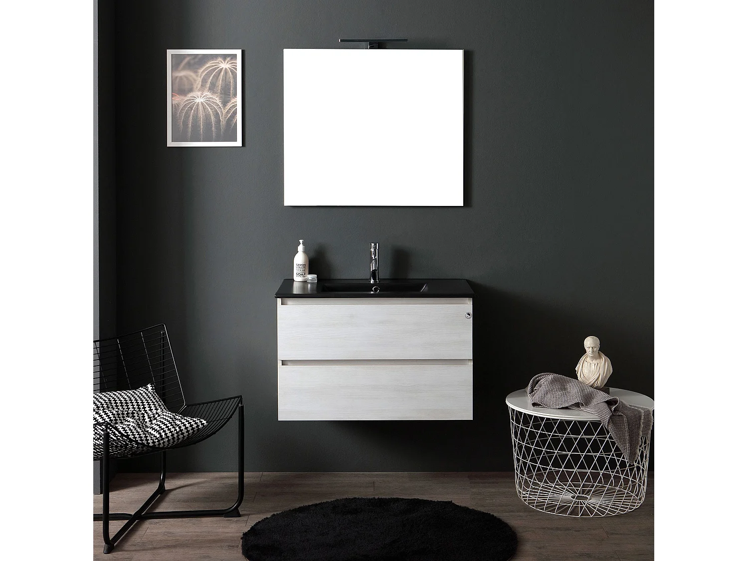 Meuble De Salle De Bain Suspendu 80Cm Blanc Avec Lavabo Noir Mat | Berlin