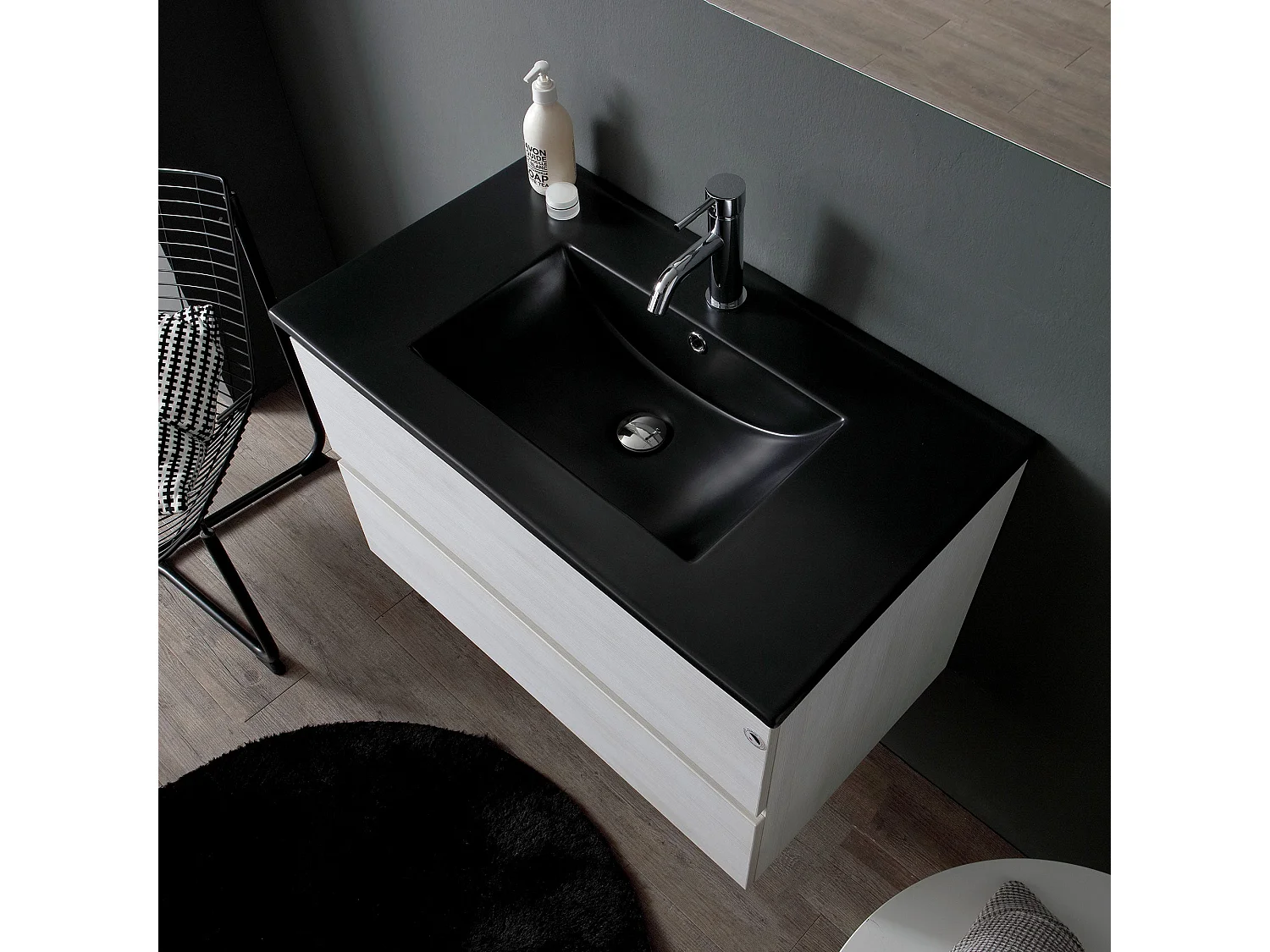 Meuble De Salle De Bain Suspendu 80Cm Blanc Avec Lavabo Noir Mat | Berlin