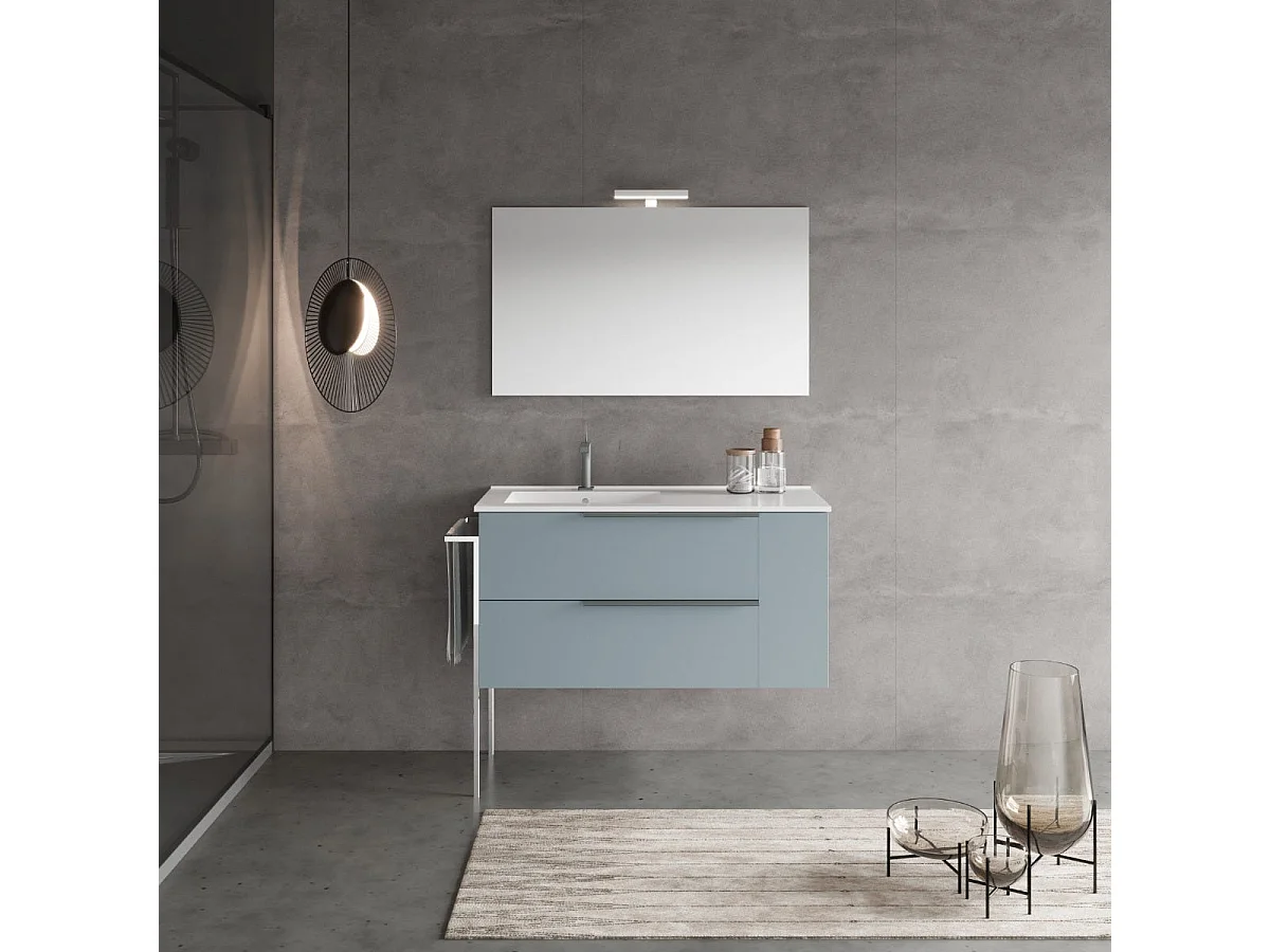 Meuble De Salle De Bain Mural 100Cm Tiroirs Bleu Clair Mat, Lavabo En Céramique À Gauche | New York