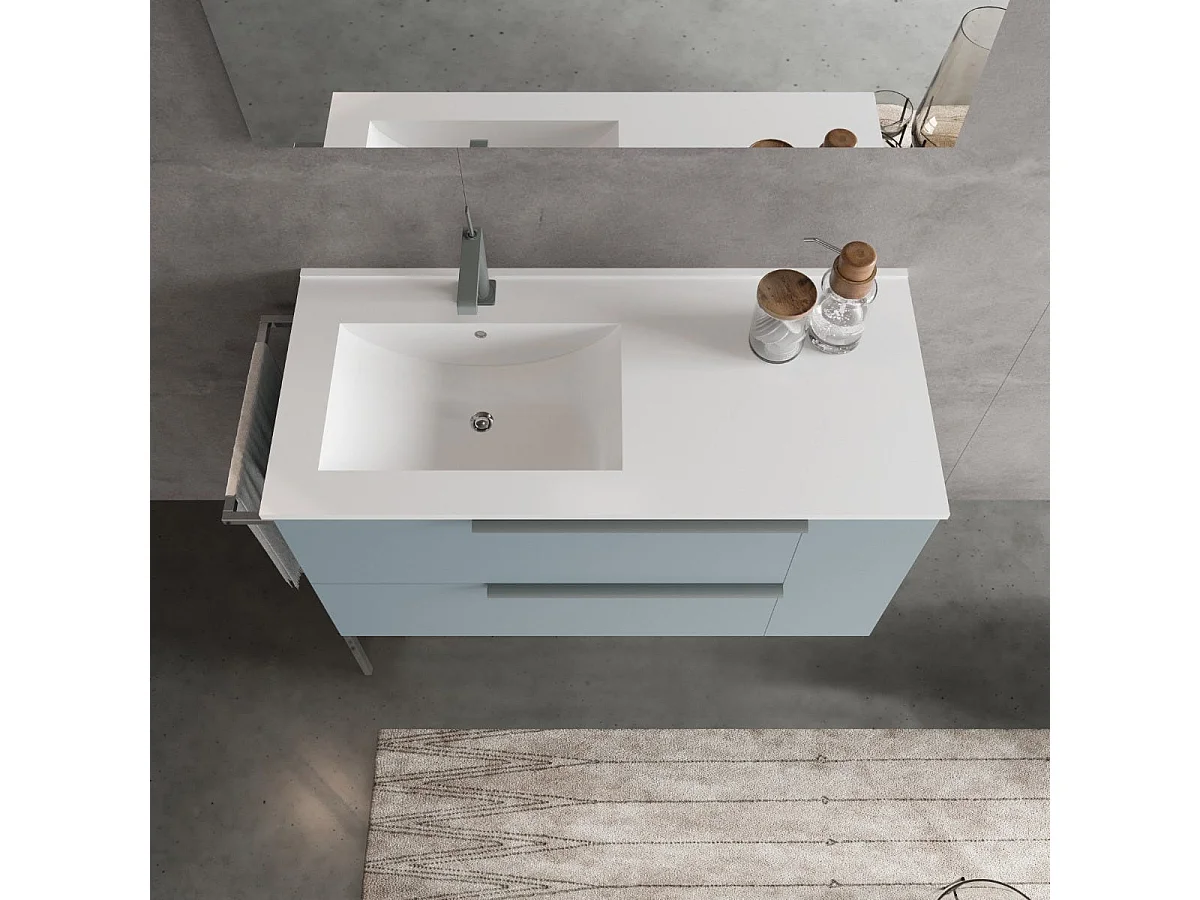 Meuble De Salle De Bain Mural 100Cm Tiroirs Bleu Clair Mat, Lavabo En Céramique À Gauche | New York