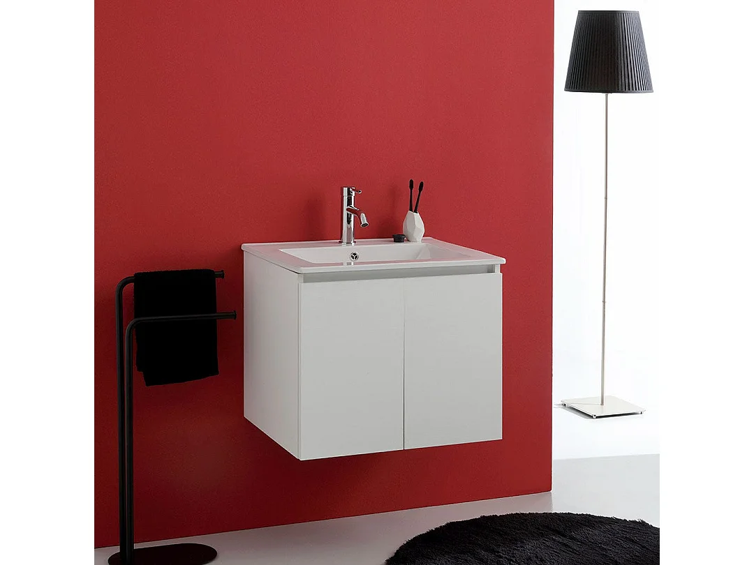 Meuble De Salle De Bain Suspendu 60Cm Avec 2 Portes Blanc Export Et Lavabo | Bilbao