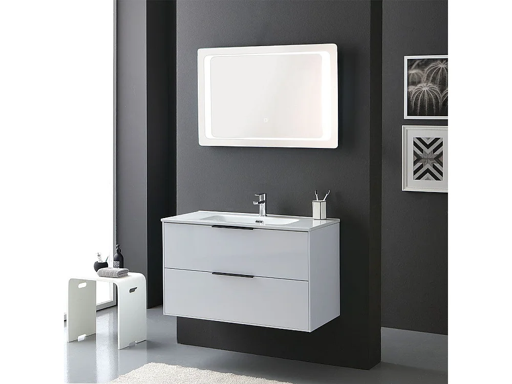 Meuble De Salle De Bain Blanc Brillant 90Cm Poignée En Noir Mat Et Miroir À Led | Parigi