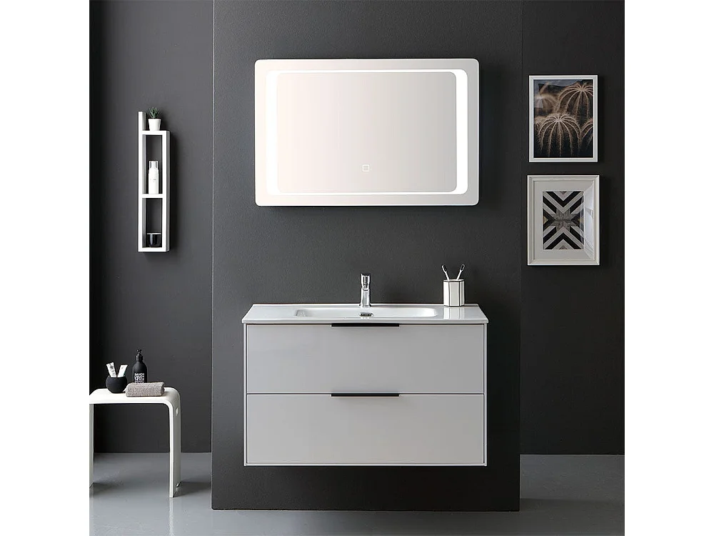 Meuble De Salle De Bain Blanc Brillant 90Cm Poignée En Noir Mat Et Miroir À Led | Parigi