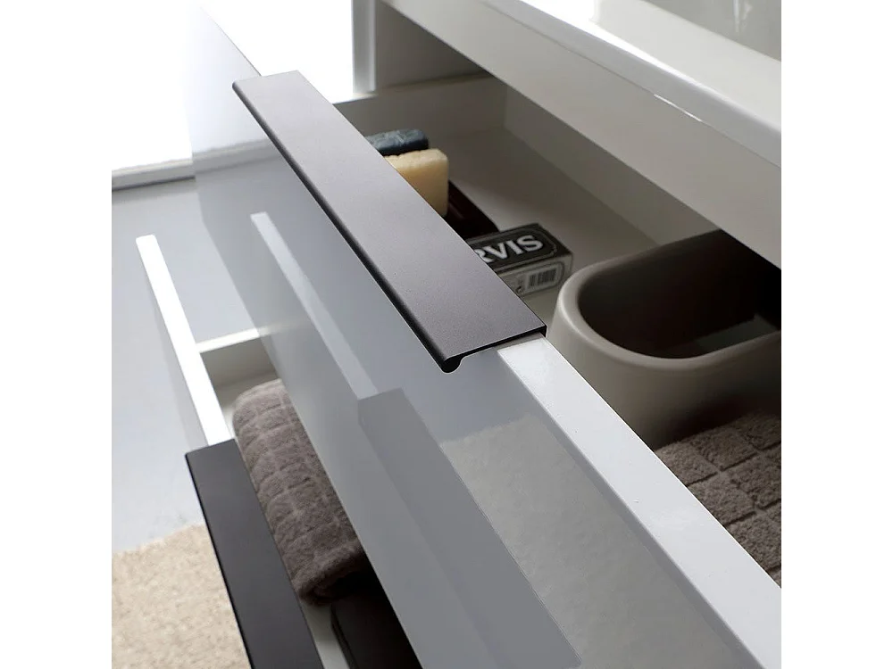 Meuble De Salle De Bain Blanc Brillant 90Cm Poignée En Noir Mat Et Miroir À Led | Parigi