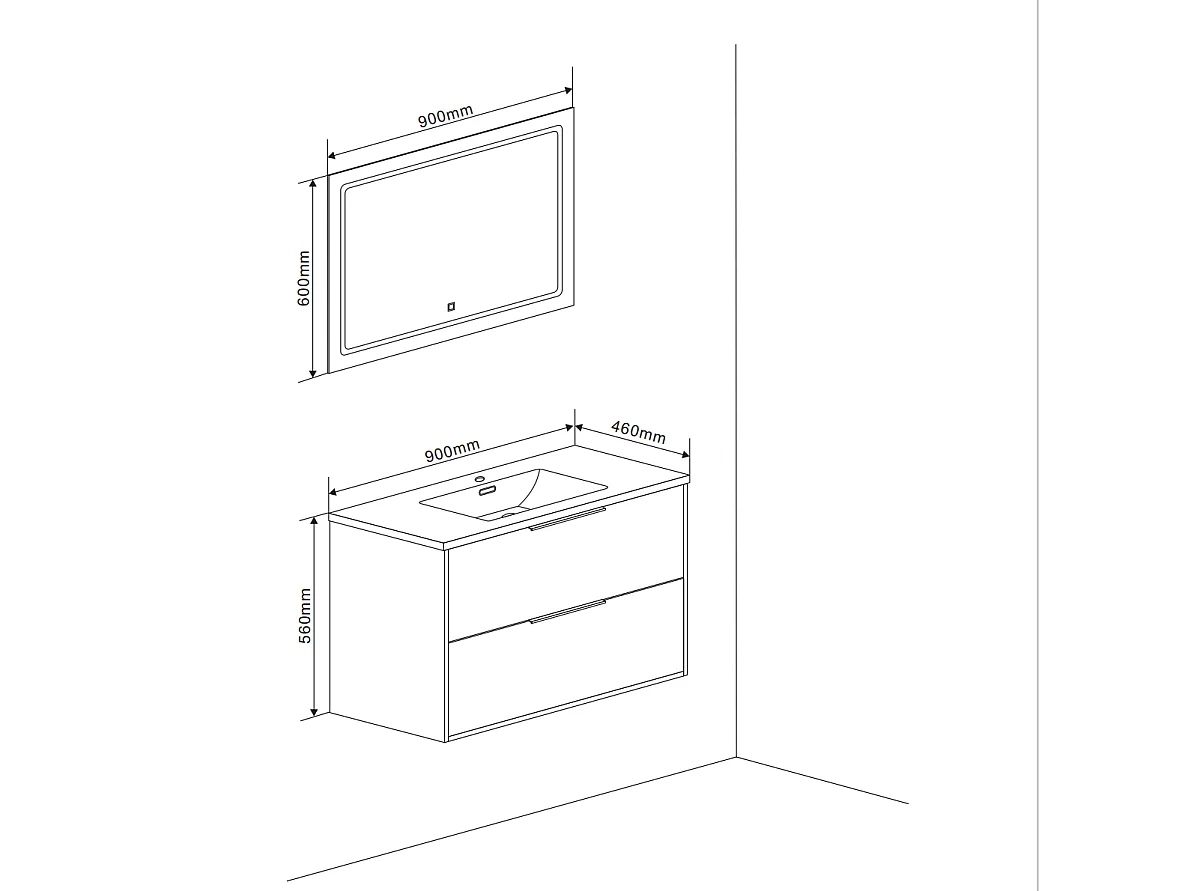 Meuble De Salle De Bain Blanc Brillant 90Cm Poignée En Noir Mat Et Miroir À Led | Parigi