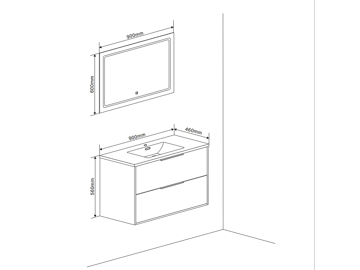 Meuble De Salle De Bain Blanc Brillant 90Cm Poignée En Noir Mat Et Miroir À Led | Parigi