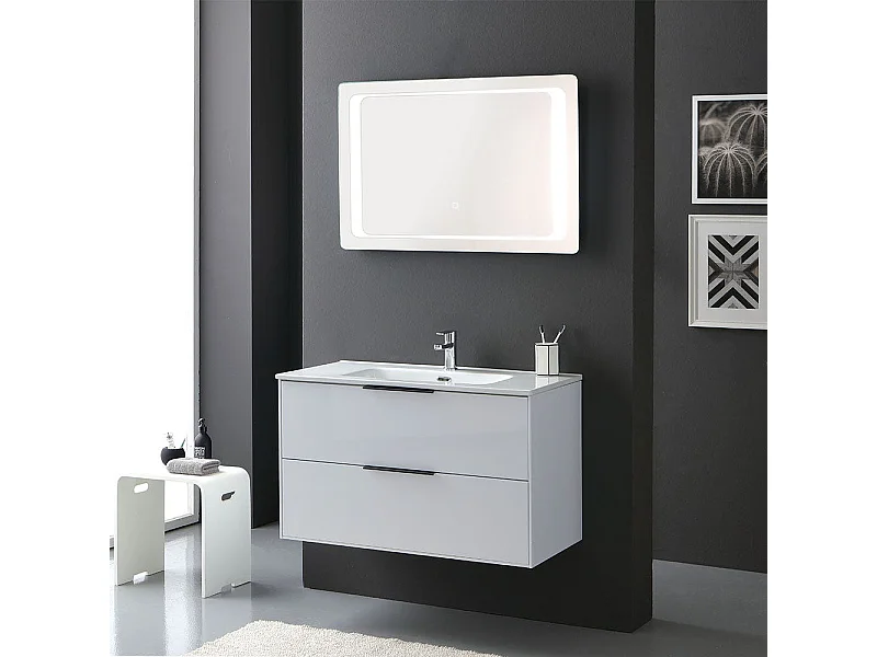 Meuble De Salle De Bain Blanc Brillant 90Cm Poignée En Noir Mat Et Miroir À Led | Parigi