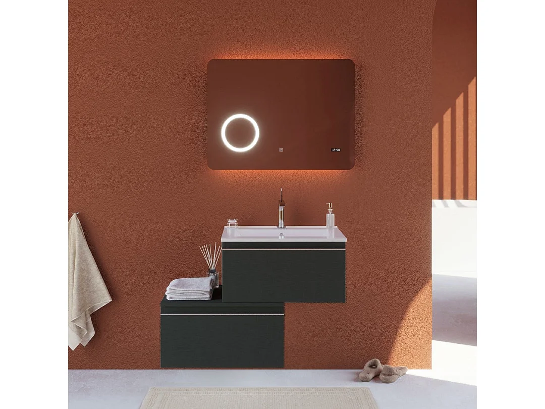 Armoire De Toilette Murale De 90 Cm, Gris Foncé, Avec Miroir Tactile 60X80 Led | Seattle