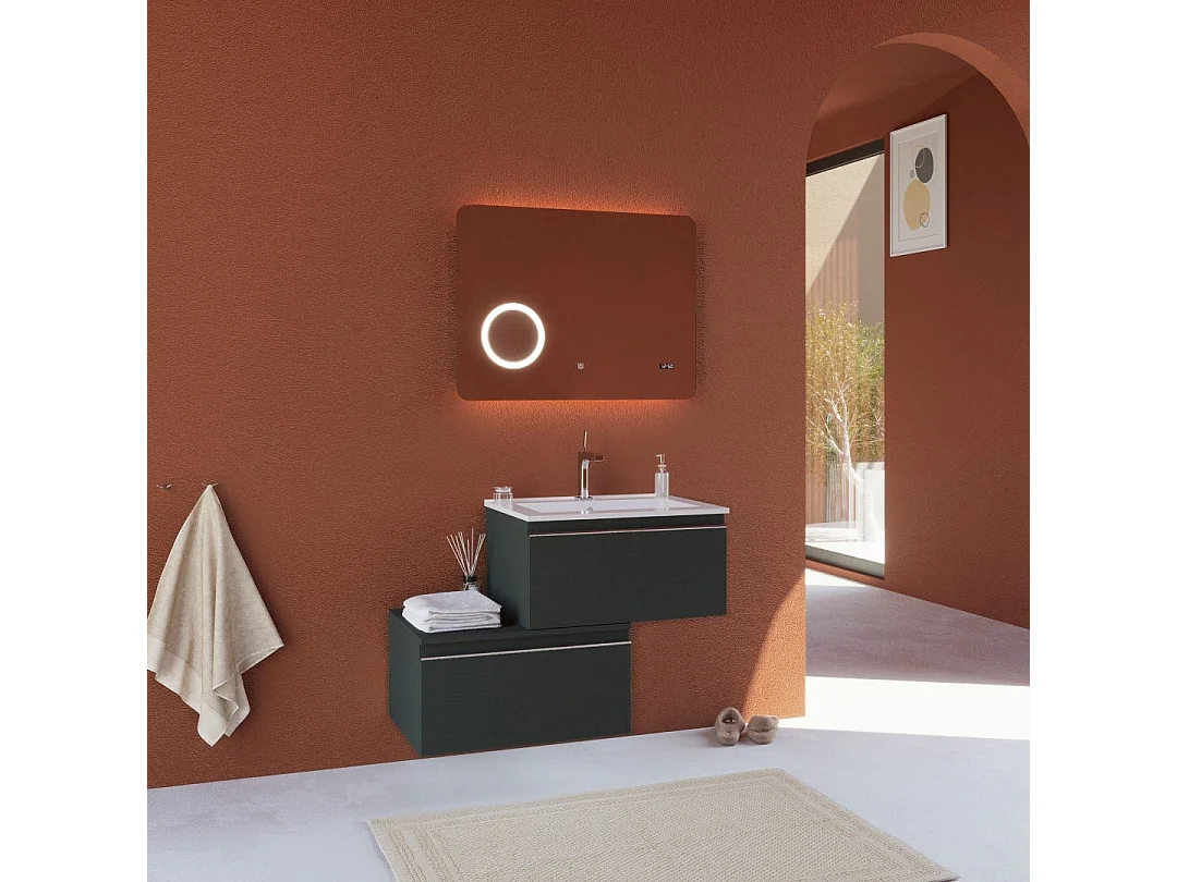 Armoire De Toilette Murale De 90 Cm, Gris Foncé, Avec Miroir Tactile 60X80 Led | Seattle