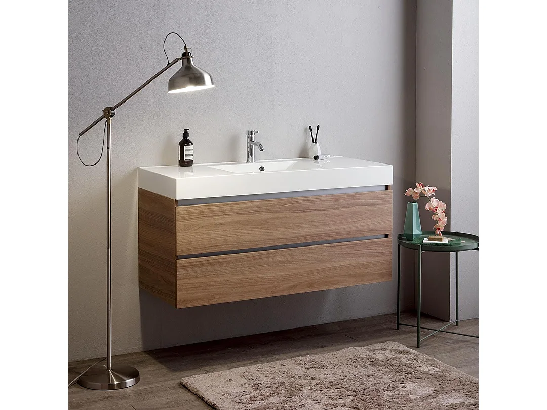 Meuble Salle De Bain 120Cm 2 Tiroirs Chêne Naturel Et Lavabo 1 Bac | Valentina