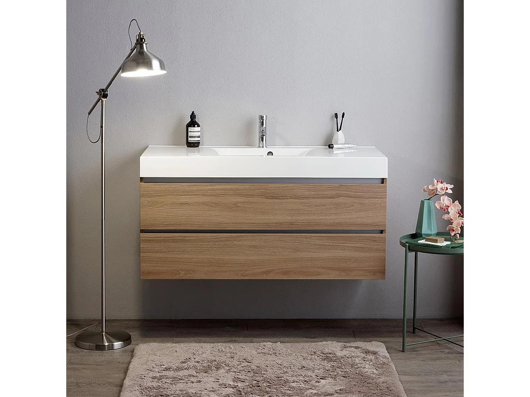 Meuble Salle De Bain 120Cm 2 Tiroirs Chêne Naturel Et Lavabo 1 Bac | Valentina