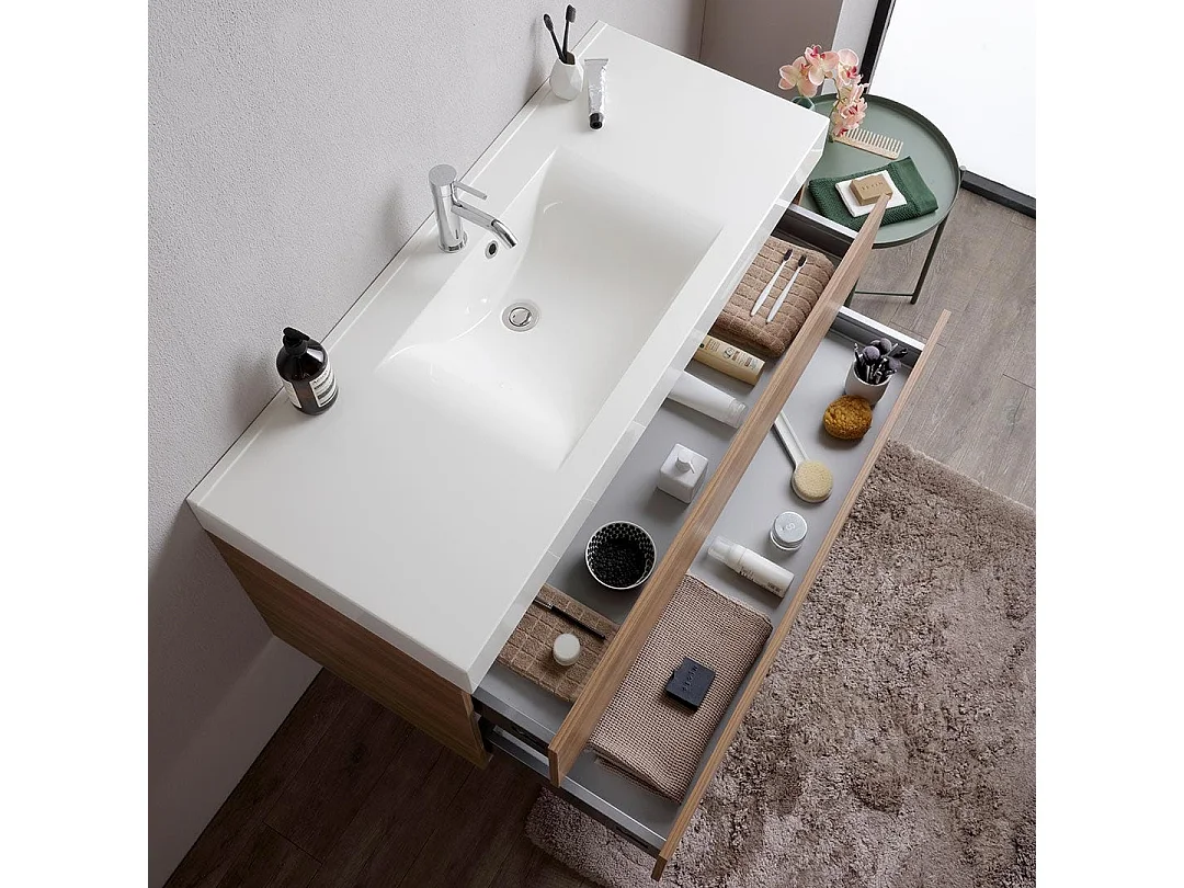 Meuble Salle De Bain 120Cm 2 Tiroirs Chêne Naturel Et Lavabo 1 Bac | Valentina