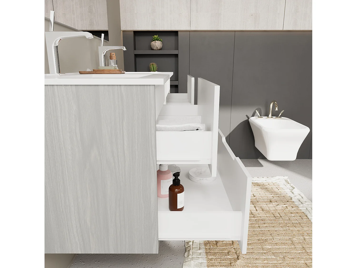 Meuble De Salle De Bain Blanc Et Gris 120Cm, 4 Tiroirs, Double Lavabo | Magnolia