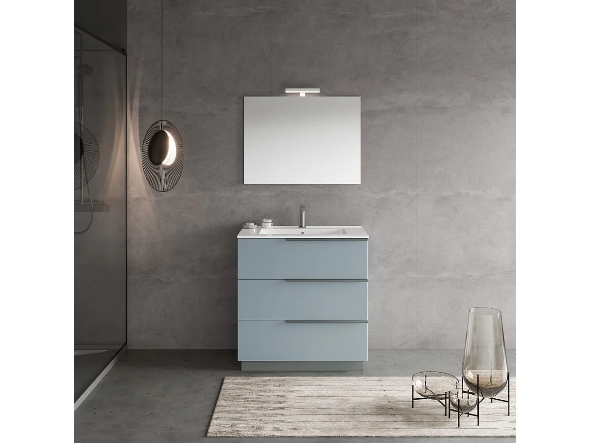 Meuble De Salle De Bains Sur Pied 80Cm Tiroirs Bleu Ciel, Miroir Et Lampe| New York