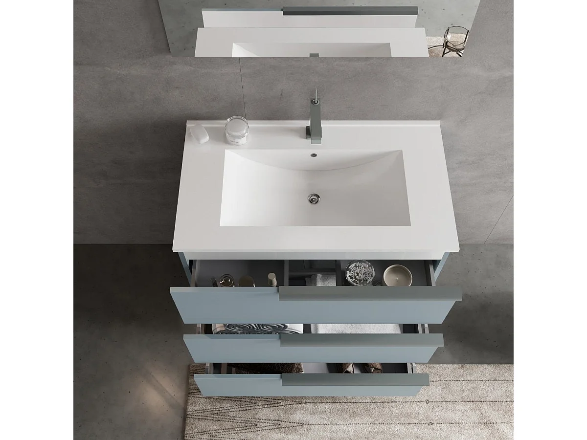 Meuble De Salle De Bains Sur Pied 80Cm Tiroirs Bleu Ciel, Miroir Et Lampe| New York