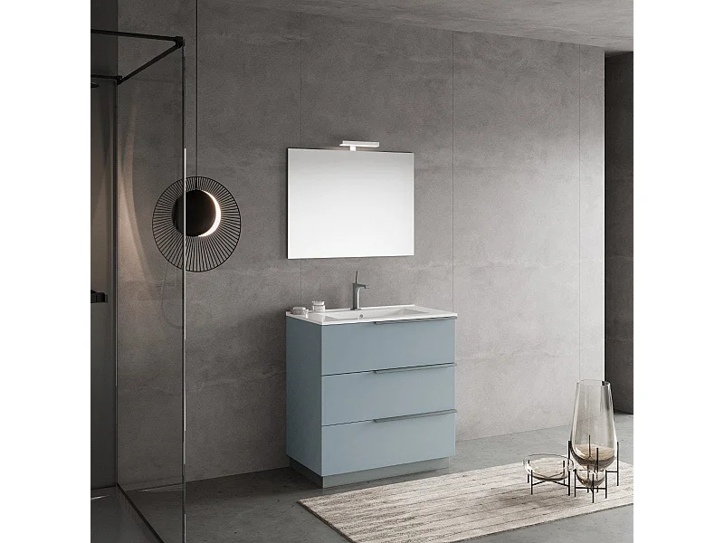 Meuble De Salle De Bains Sur Pied 80Cm Tiroirs Bleu Ciel, Miroir Et Lampe| New York