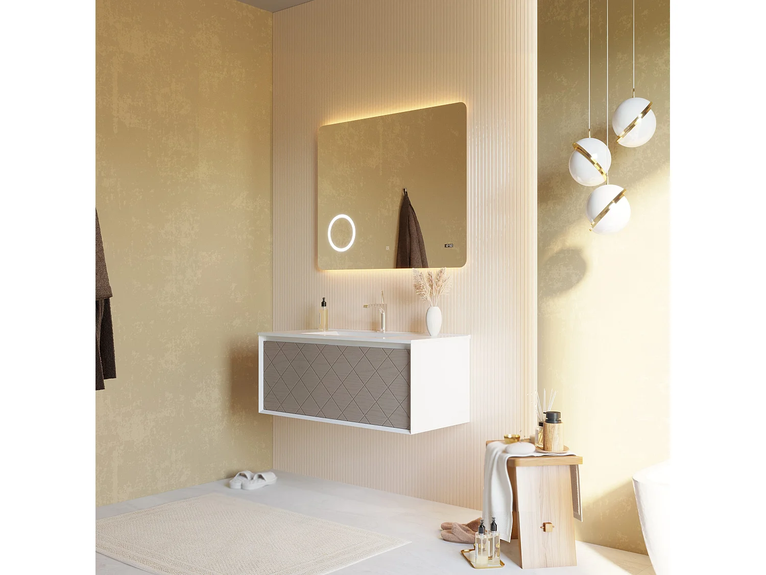 Armoire De Salle De Bain 100Cm Blanc Mat Et Gris Avec Miroir Led Intégré  | Miami
