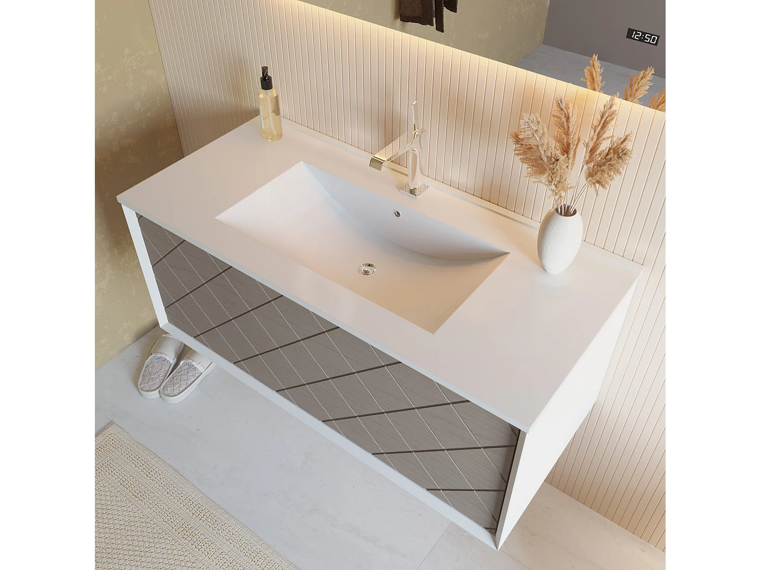 Armoire De Salle De Bain 100Cm Blanc Mat Et Gris Avec Miroir Led Intégré  | Miami