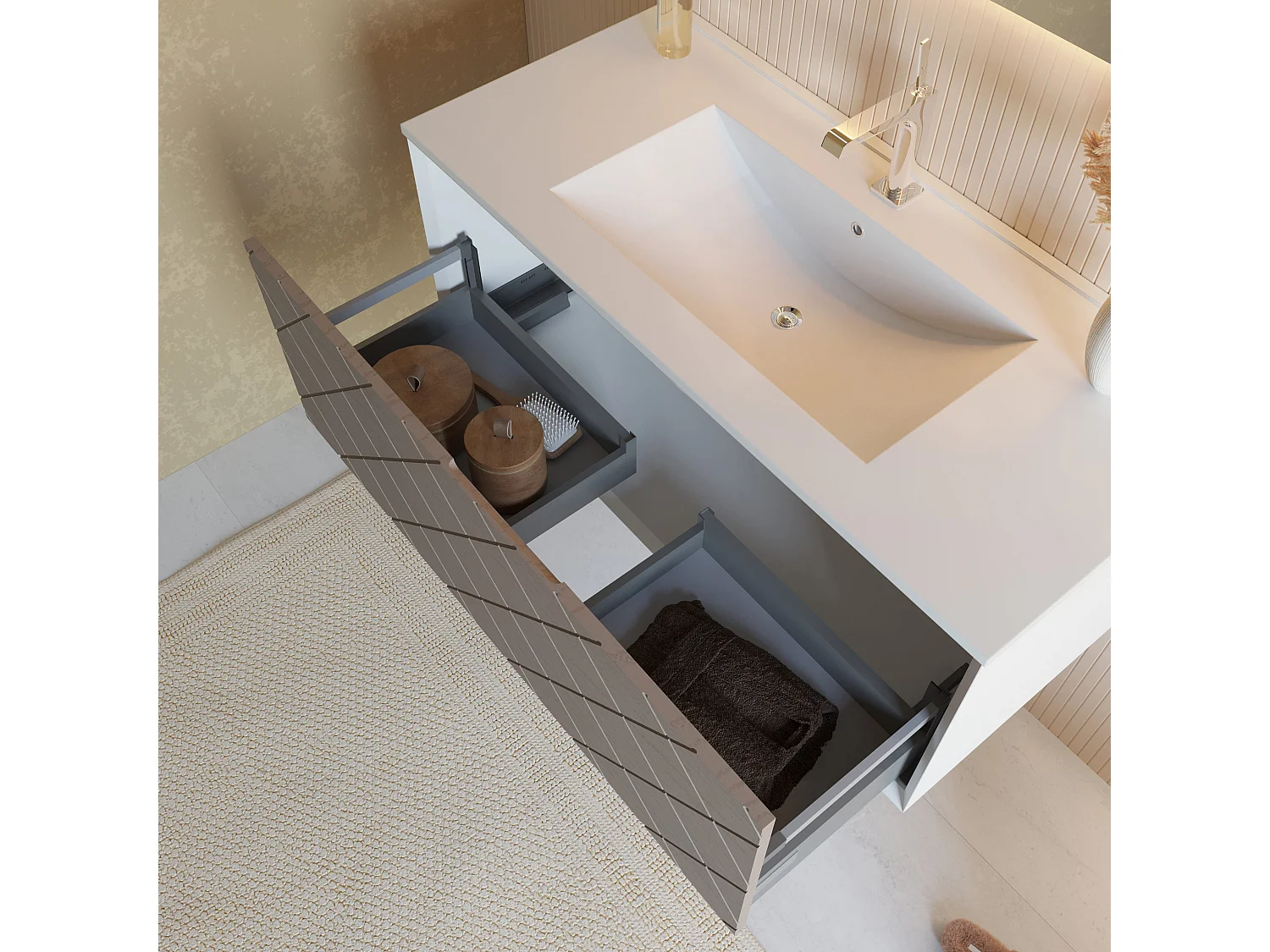 Armoire De Salle De Bain 100Cm Blanc Mat Et Gris Avec Miroir Led Intégré  | Miami